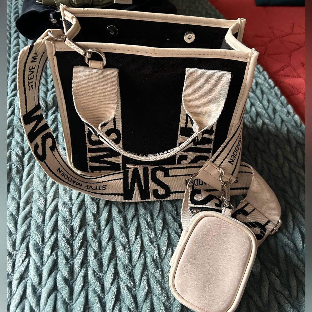 Steve Madden Black and Cream Tote with Logo Strap
